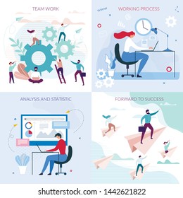 Business Workflow Flat Cards Set. Working Process, Team Work, Analysis and Statistic, Forward to Success Lettering. Project Management, Office Communication, Workflow, Consulting Vector Illustration