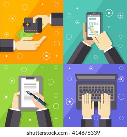 Business Workflow Flat Vector Illustrations Set In Bright Colorful Simplified Infographic Style 