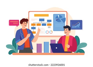 Concepto de Ilustración de flujo de trabajo de negocios. Ilustración plana aislada en fondo blanco