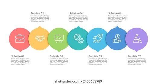 Infografik zum geschäftlichen Workflow. Infografik 7 Prozess Popup Design Vorlage. Banner, Broschüre, Poster und Business-Präsentation. Vektorillustration.