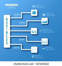 Business workflow infographic template with white schedule and icons on blue background vector illustration