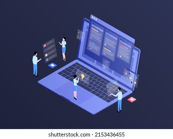 Business Workflow Isometric Illustration Dark Gradient. Suitable for Mobile App, Website, Banner, Diagrams, Infographics, and Other Graphic Assets.