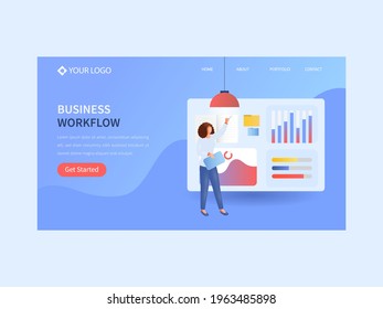Business Workflow Landing Page Or Web Banner Design With Analyst Woman Presenting Dashboard On Blue Background.