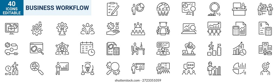Conjunto de iconos de línea de flujo de trabajo empresarial diseñado para la interfaz de usuario moderna. procesos comerciales, trabajo en equipo, análisis y conceptos de flujo de trabajo corporativo