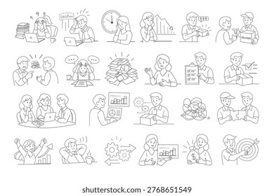 Business Workflow Line Icon Set, Office Tasks, Teamwork, Stress, Productivity, Delivery and Success Concepts Vector Illustration