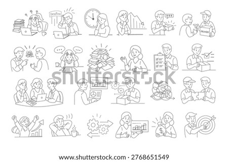 Business Workflow Line Icon Set, Office Tasks, Teamwork, Stress, Productivity, Delivery and Success Concepts Vector Illustration
