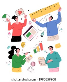 Business workflow man woman characters using internet. Modern style flat cartoon graphic illustration set