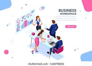 Business workflow management, office situations. People workspace creative interact. Developer sitting with glasses, website brainstorming. Infographic workplace collection, design page flat isometric