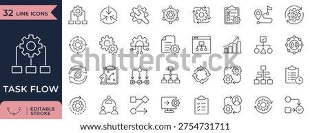 Business workflow and process management line icons for task automation systems
