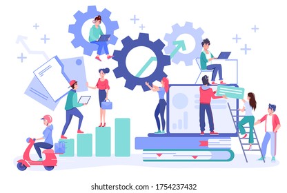 Business workflow, project management, teamwork concept. Coworker exchanging information, digital data. Online chat communication. Office worker, freelancer training, improving professional skill