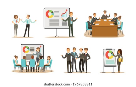 Business Workflow Scenes Set, Office People Taking Part in Business Meeting, Training of Office Staff Vector Illustration