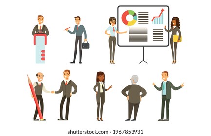 Conjunto de flujos de trabajo de negocios, personas de negocios que trabajan en la oficina, negociación y lluvia de ideas Ilustración de vectores de caricaturas