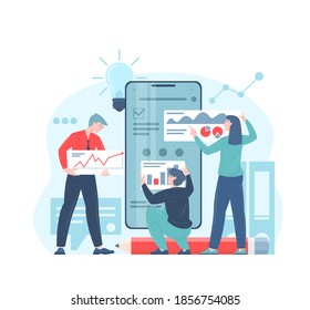 Business workflow or teamwork process concept flat vector illustration. Men and women characters taking part in business activity. Business process automation. Corporate work system.