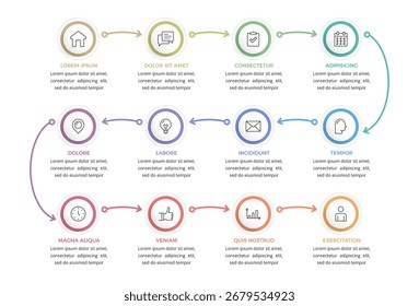 Plantilla de infografía de flujo de trabajo, línea de tiempo o proceso empresarial con 12 pasos conectados por flechas