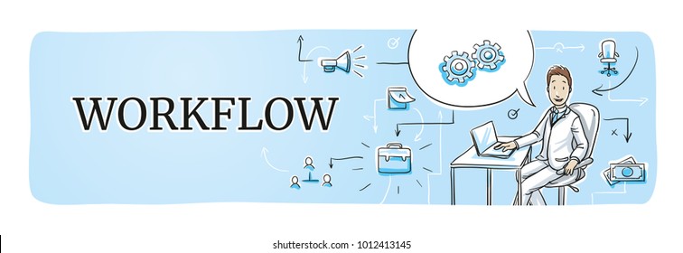 Business workflow web banner for blog or website header with smiling business man and icons. Hand drawn cartoon sketch vector illustration, whiteboard marker style coloring. 