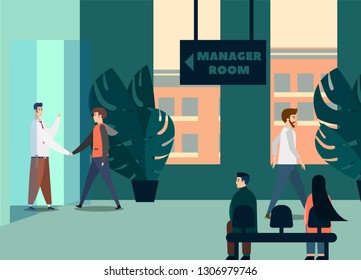 Business of working Concept. Submit an application at the manager's room. Design Character. showcasing community such as internships or referring friends. Vector - illustration, isolate.