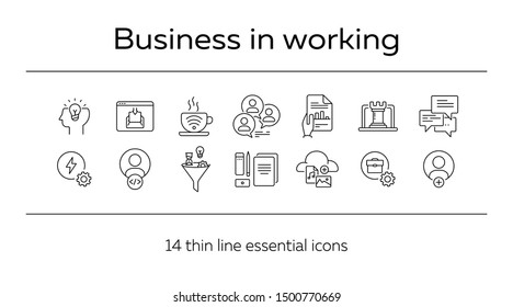 Business in working icons. Set of line icons. Brainstorming, inspiration, developer, company branding. Business concept. Vector illustration can be used for topics like planning, strategy, marketing