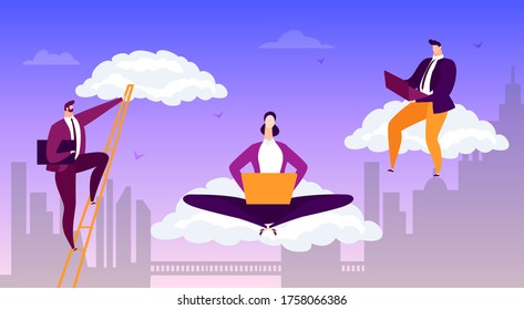 Business working internet cloud concept, vector illustration. Man woman flat character with computer information banner. Social connection by laptop, adult professional businessman.
