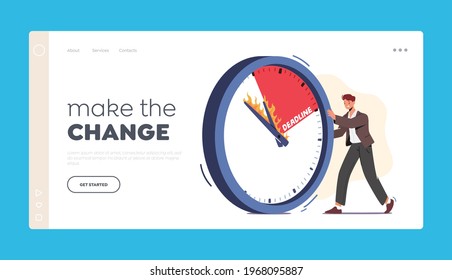 Business Working Process, Deadline Landing Page Template. Businessman Character Pushing Huge Clock with Burning Arrows. Time Management, Lack of Time, Work Productivity. Cartoon Vector Illustration