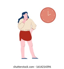 Business Working Process in Office Concept. Thoughtful Businesswoman Watching on Clock Chin Up. Time Management Procrastination Multitasking Productivity Infographics Cartoon Flat Vector Illustration