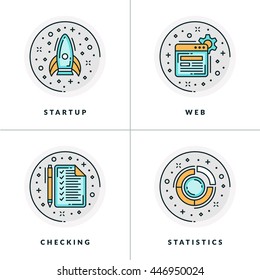 Business and Working. Set of four icons on startup, web, checking, statistics. Colored in gray, orange and blue flat vector illustrations.