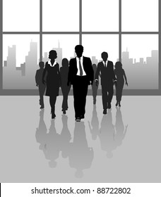 Business working team people approach under building concourse windows