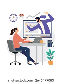 Empresas que trabalham com plataformas de videoconferência para reuniões, consultoria financeira, coaching on-line, tutoriais e treinamento virtual em podcasts. Comunicação remota e conceito de trabalho em equipe.