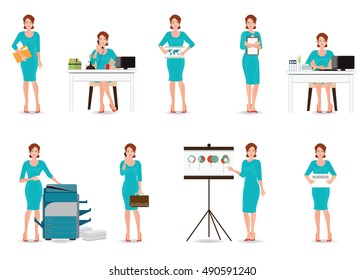 Business working women in smart suit isolated on white, office workers, taking on phone, copying file, presentation, Cartoon character business people, flat design vector illustration.