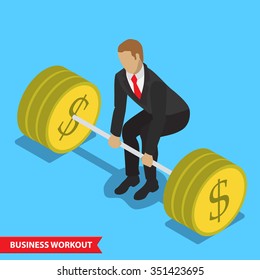 Business workout deadlift isometric style illustration strong finance position concept. Business executive power lifting barbell made of golden coin. Financial strength and financial health metaphor.