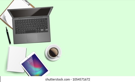 Business Workplace Background Vector. Laptop, Computer, Keyboard, Coffee Cup