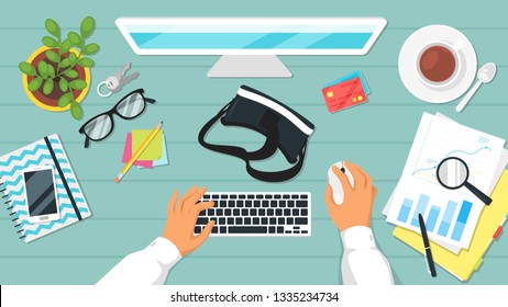 Business workplace. Businessman hands. Overhead top view. Vector illustration. Office stationery and various things around.