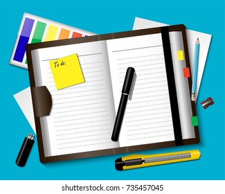 Business workplace colored composition with realistic notepad pen and sticker to do vector illustration