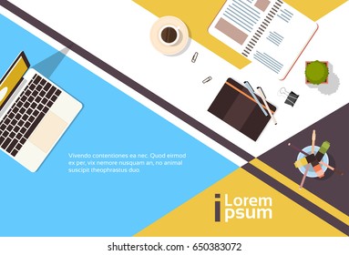Business Workplace Desk Top Angle View Notebook Laptop Computer Banner With Copy Space Flat Vector Illustration