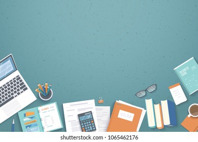 Business Workplace Desktop background. Top view of  table, laptop, folder, documents, notepad, planner, books, glasses, notes, calculator, coffee. Place for text. Vector Top view