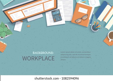 Business Workplace Desktop background. Top view of  table, monitor, folder, documents, notepad, planner, books, glasses, notes, calculator, coffee. Place for text. Vector Top view