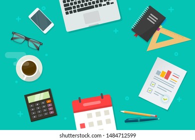 Business workplace desktop vector illustration, flat cartoon working desk with audit analysis or research stuff and copy space for text, financial workspace or statistics office table top view