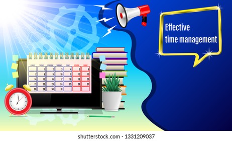 Business workplace, effective time management. Megaphone, Monitor, Alarm clock, calendar, pencil, stickers, houseplant, stack of books, gears in sunlight. Front view. Realistic 3d vector illustration