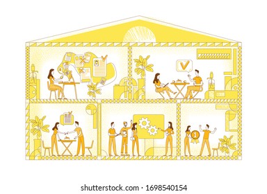 Business-Arbeitsplatz flach Silhouette Vektorillustration Illustration. Die Mitarbeiter des Unternehmens umreißen Zeichen auf gelbem Hintergrund. Firmenarbeitsplatz, Bürokonferenzraum und Lounge-Bereich - einfache Zeichnung
