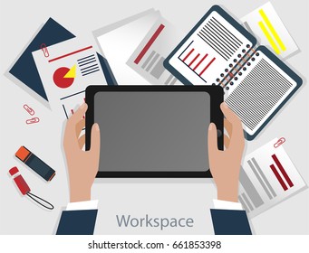 Business workplace. Hands holding tablet. Documents, paper, notepads around the workplace. Data analysis, financial report.. Flat design illustration. Gray, red and blue colors. 