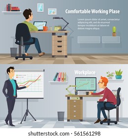 Business workplace horizontal banners with working busy people in modern comfortable office vector illustration