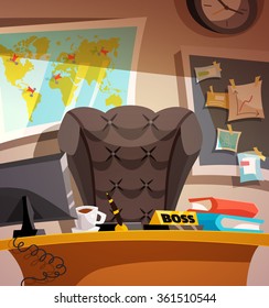 Business-Arbeitsplatz mit Karte Büroinnenposter Boss Business-Raum Hintergrund Retro Cartoon Design Vektorgrafik