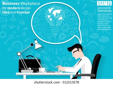 Business Workplace for modern design Idea and Concept Vector illustration Infographic template with icon, Earth, cog, lamp.