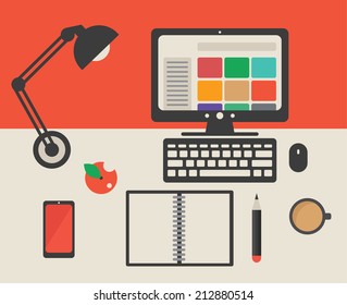 Business workplace office desk, flat design vector illustration