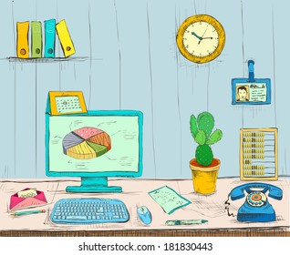 Business workplace office interior desk with computer cactus phone files and documents hand drawn isolated vector illustration sketch