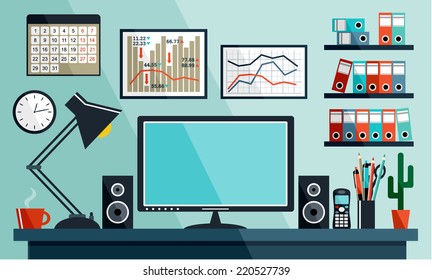 Business workplace with office things, equipment, objects. vector 