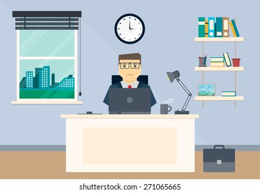 Business workplace with office things, equipment, objects. Vector flat illustration