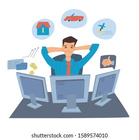 business, workplace, office, vector, computer, people, businessman, work, sitting, desk, illustration, flat, design, table, person, technology, background, desktop, modern, man, manager, concept, job,