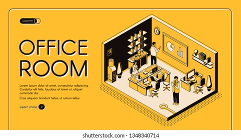 Business workplace organization and design isometric vector web banner. Company employees or entrepreneurs working together in comfortable office room illustration. Co-working center landing page