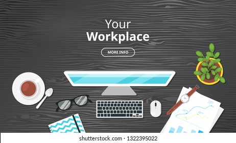 Business workplace. Overhead top view. Vector illustration. Office stationery and various things around. Black wood background.