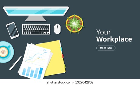 Business workplace. Overhead top view. Vector illustration. Office stationery and various things around. Dark background.